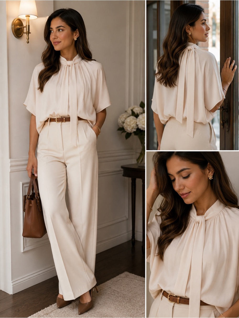Women's Cream Tie-Neck Tunic Blouse - Sophisticated Work-to-Wardrobe Top
